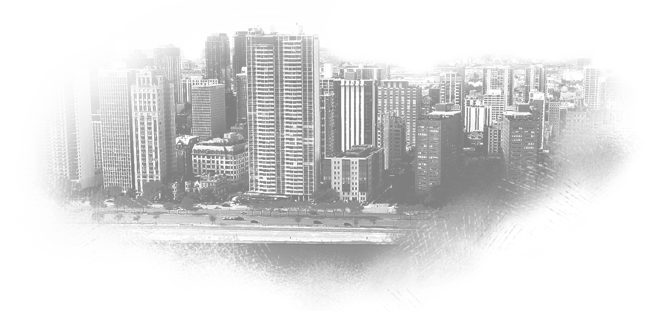 A black and white graphic of buildings on the shoreline along Lake Shore Drive and Lake Michigan, with 61 Banks Street seen in the middle.